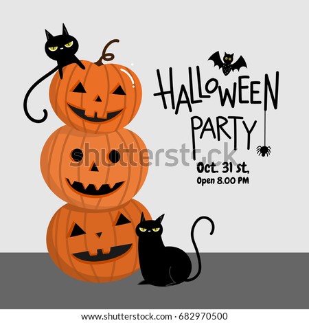 Halloween party invitation card for holidays. Pumpkin with black cat cartoon character.