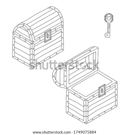 vector line art transparent treasure chest, closed and opened with key. Game design elements 