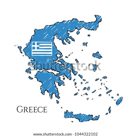 Greece map hand drawn sketch. Vector flag, children's drawing.