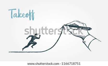 Take off, business concept sketch, vector illustration. A man runs along an arrow drawn by a large hand. 