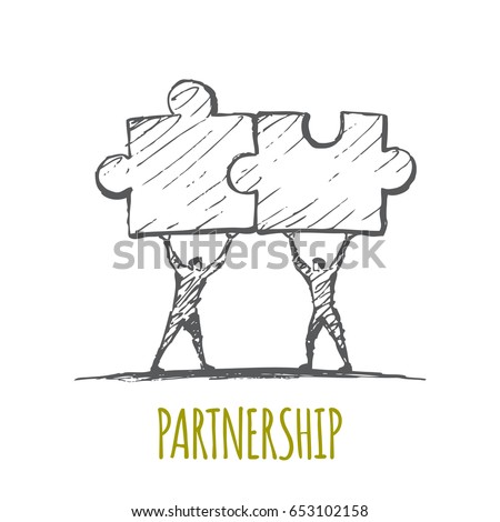 Men hold puzzles in their hands. Vector business concept illustration. Hand drawn sketch. Lettering Partnership.