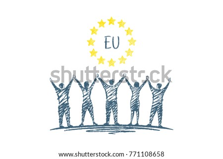 EU logo. Friends hold hands, hands are lifted up. Conceptual vector illustration, hand drawn sketch.