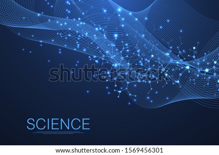 Scientific molecule background for medicine, science, technology, chemistry. Science template wallpaper or banner with a DNA molecules. Dynamic wave flow. Molecular vector illustration