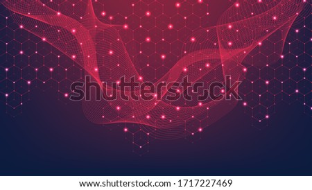 Hexagons abstract grid with connected lines and dots. Embossed hexagons grid background. Hex digital pattern with subtle polygons. Linear geometric texture. Hexagonal vector illustration