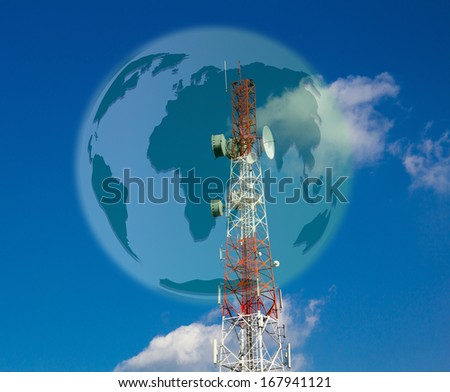 Communications tower with world on a beautiful blue sky.