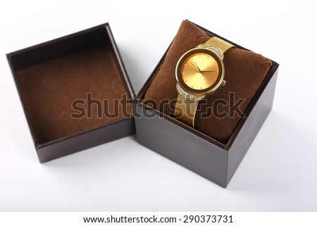 Luxury watch in box isolated on white background.