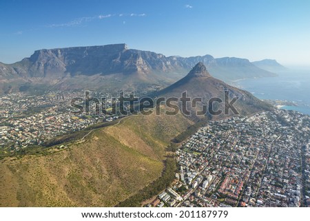 Aerial view of Cape Town, Table mountain and Lion!s Head, South Africa
