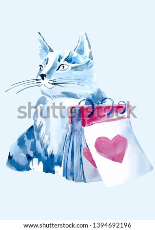 Watercolor cat blue calendar heart pink cute illustration isolate 