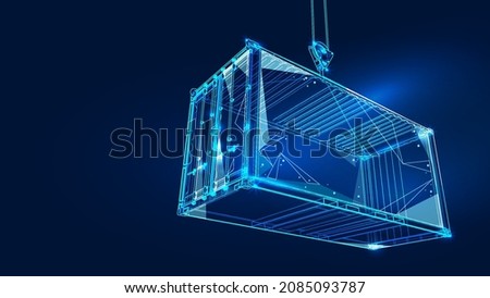 Polygonal 3d cargo container in dark blue background. Online cargo delivery service, logistics or tracking app concept. Abstract vector illustration of online freight delivery service