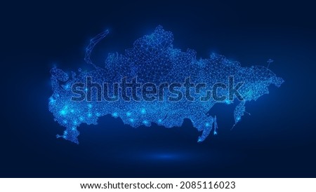 Polygonal 3d Abstract map - Russia with cities on a blue background. For online tracking services, communication, railway traffic, navigation, GPS, online cargo delivery, telecommunications, radio bro