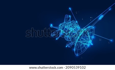 Polygonal 3d satelite in dark blue background. Online services for tracking, communication, railway traffic, navigation, GPS. bstract vector illustration of online freight delivery, phone, tv, radio s