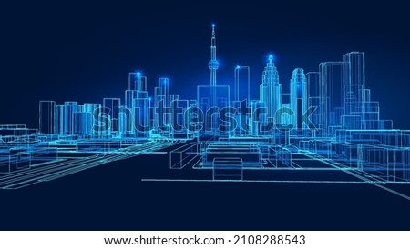 Polygonal 3d city in dark blue background. Outline city concept vector. Wire-frame style. The layers of visible and invisible lines. 3D illustration