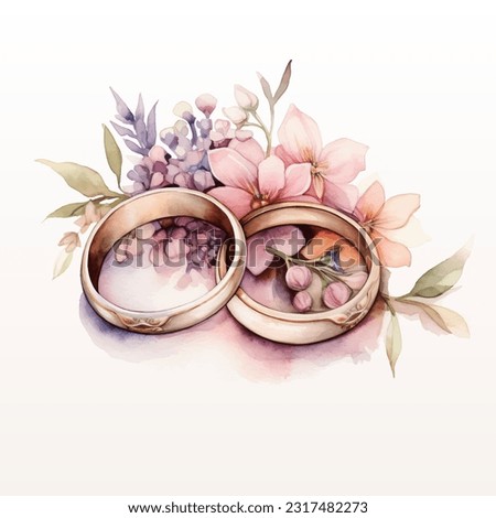 Vector watercolor illustration wedding rings couple with flowers colorful isolated on white background.