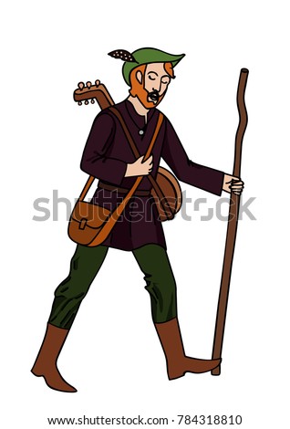 Vector illustration, image of a bard in the style of medieval calligraphic manuscript. Characters of Middle Ages.