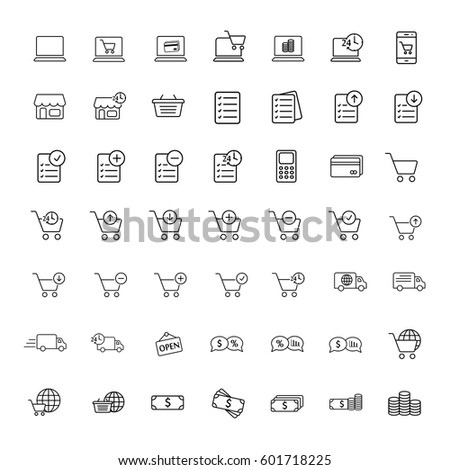thin line online shopping icon set on white background, shopping icons set