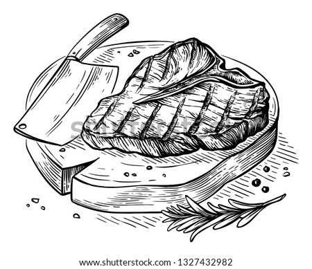 sketch hand drawn Grilled steak T-bone on wooden board with axe vector illustration