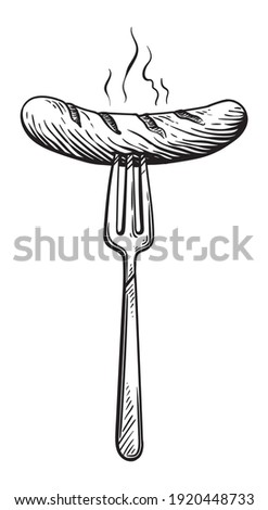 Grilled Sausage on a fork, doodle style, sketch illustration, hand drawn, vector