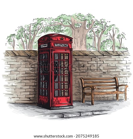 london telephone booth at a brick wall with a bench sketch