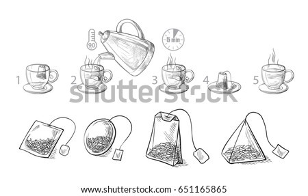 Tea bag brewing cooking directions. Steps how to cooking tea. Vector illustration.
