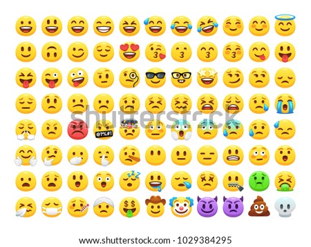Yellow emoji faces. Happy smile emoticon, sad crying face and funny laughing LMAO emoji. 88 facial expressions and emoticons vector icons set