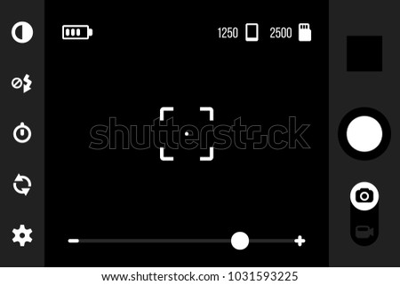 Mobile camera app ui. Viewfinder interface for smartphone cam application with shot, gallery, contrast, flash, timer, settings, cameras switcher and photo or video buttons. Vector template