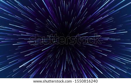 Star warp. Hyperspace jump, traces of moving stars light and interstellar fast speed travel. Wormhole space tunnel abstract vector background illustration