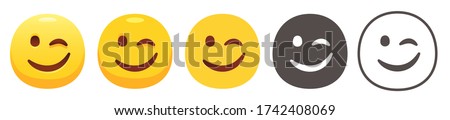 Winking Face. Funny yellow emoji icon, eye wink emoticon with smiling lips flat vector icons set