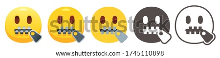 Zipper-mouth emoji. Yellow face with open eyes and closed metal zipper for mouth. Shut up or secret emoticon flat vector icon set