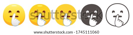 Shushing emoji. Hush, quiet yellow face with finger covering closed lips flat vector icon set