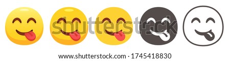 Savouring delicious food emoji. Yellow face with smiling eyes, closed smile and tongue sticking out. Yummy emoticon flat vector icon set