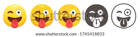 Winking emoji with tongue. Crazy yellow face with zany wink, sticking tongue out, right eye closed and left wide open. Funny emoticon flat vector icon set