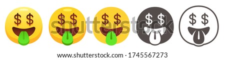 Money mouth emoji. Happy yellow face with dollar signs for eyes, open smile and  sticking out green tongue. Rich emoticon flat vector icon set