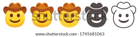 Cowboy hat emoji. Happy yellow head with brown leather cowboy brimmed hat. Smiled emoticon flat vector icon set. Yee-haw!