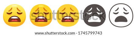 Distraught emoji. Weary yellow face with closed eyes, furrowed brows and sadly open mouth. Wailing emoticon distraught to point of giving up. Flat vector icon set