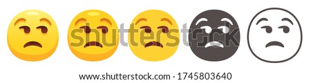 Unamused emoji. Unimpressed yellow face with raised eyebrows, sad smile and eyes looking to side. Meh emoticon flat vector icon set