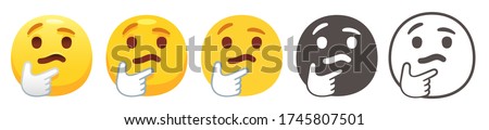 Chin thumb emoji. Thinking yellow face with furrowed eyebrows, thumb and index finger on chin. Pondering person emoticon flat vector icon set