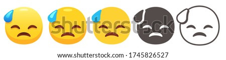Cold sweat emoji. Downcast face with dripping sweat, closed eyes and sad smile. Hard work emoticon flat vector icon set