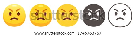 Grumpy emoji. Angry yellow face with frowning mouth and eyebrows scrunched downward in anger. Disgust emoticon flat vector icon set