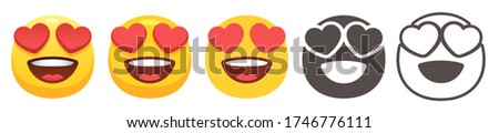 Heart shaped eyes emoji. Yellow face with red hearts instead of eyes and open smile. In love emoticon flat vector icon set