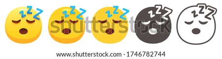 Zzz emoji. Sleeping yellow face with eyes closed and asleep z sound letters. Sleep emoticon flat vector set