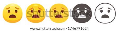 Anguished emoji. Pained yellow face with furrowed eyebrows and open frown emoticon flat vector icon set
