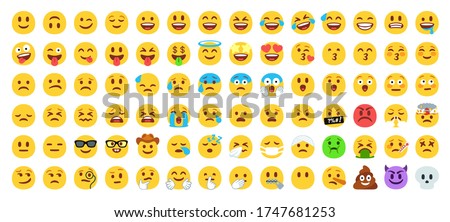 Flat yellow emoji collection. Happy smile, sad crying face and angry facial expressions. Emoticons vector icons set