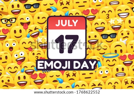 Happy Emoji Day 17 July, calendar icon on funny yellow emoticon faces background vector celebration poster illustration