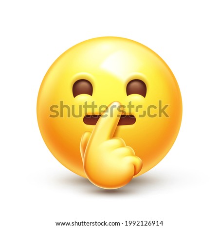 Shushing emoji. Hush and quiet emoticon, yellow face with index finger over pursed lips 3D stylized vector icon