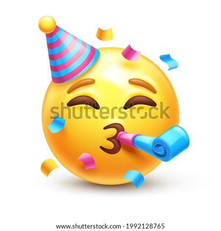 Partying emoji. Emoticon with party horn and hat, celebrating 3D stylized vector icon