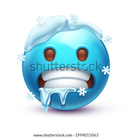 Cold emoji. Freezing emoticon, icy blue face with gritted teeth, icicles and snow cap 3D stylized vector icon