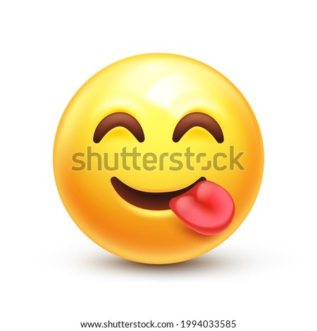 Yummy emoji. Smiling emoticon licking lips, savoring food 3D stylized vector icon