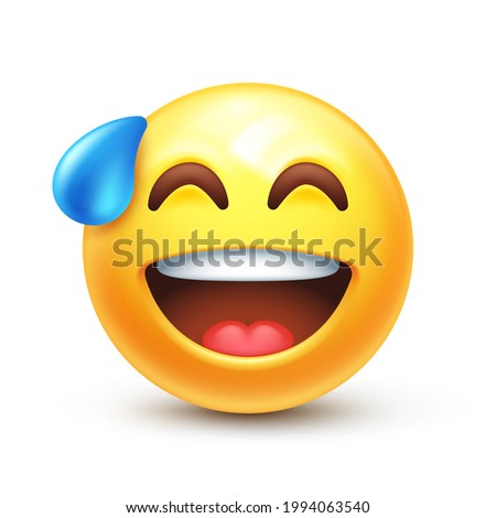 Awkward emoji. Embarrassed laughing emoticon, yellow face with sweat drop 3D stylized vector icon