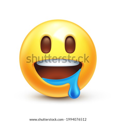 Drooling emoji. Emoticon with saliva from mouth corner, happy yellow face with drools 3D stylized vector icon