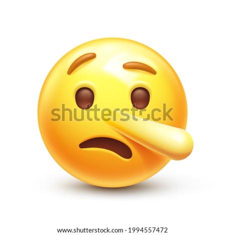 Liar emoji. Pinocchio emoticon with long nose, lying yellow face 3D stylized vector icon